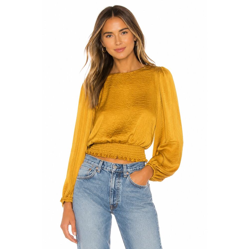 ASTR Mustard Blouse Smocked Waist Long Sleeve Crop Top XS NWT